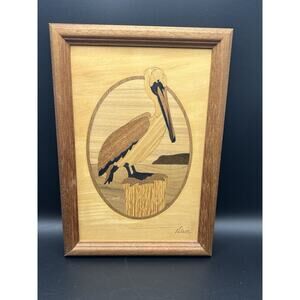 Hudson River Wooden Inlay Marquetry Framed Pelican 10” X 7" signed Nelson